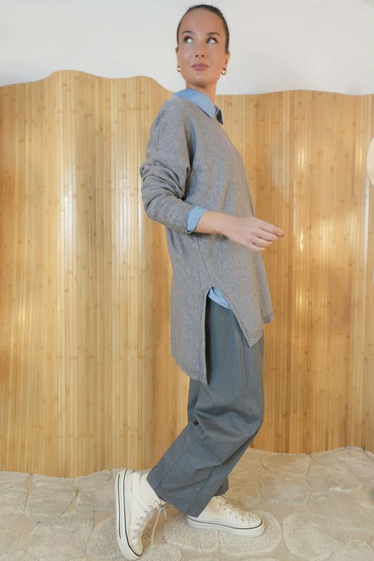 Winnie Ribby Stretch Longline Fine Knit Grey Marl